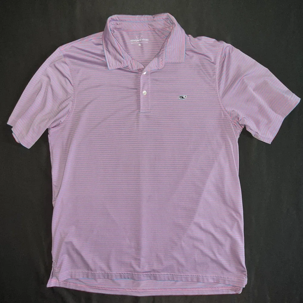 Vineyard Vines Performance Polo Short Sleeve Shirt XL Blue Pink Stripes Whale